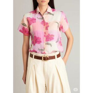 Dressbarn Pink Artsy Embroidery Floral Vintage Lagenlook Button-Up Shirt Size 8